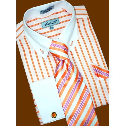 Fratello Peach/Orange Stripes With White Collar & French Cuffs Shirt/Tie/Hanky Set DS3720P2